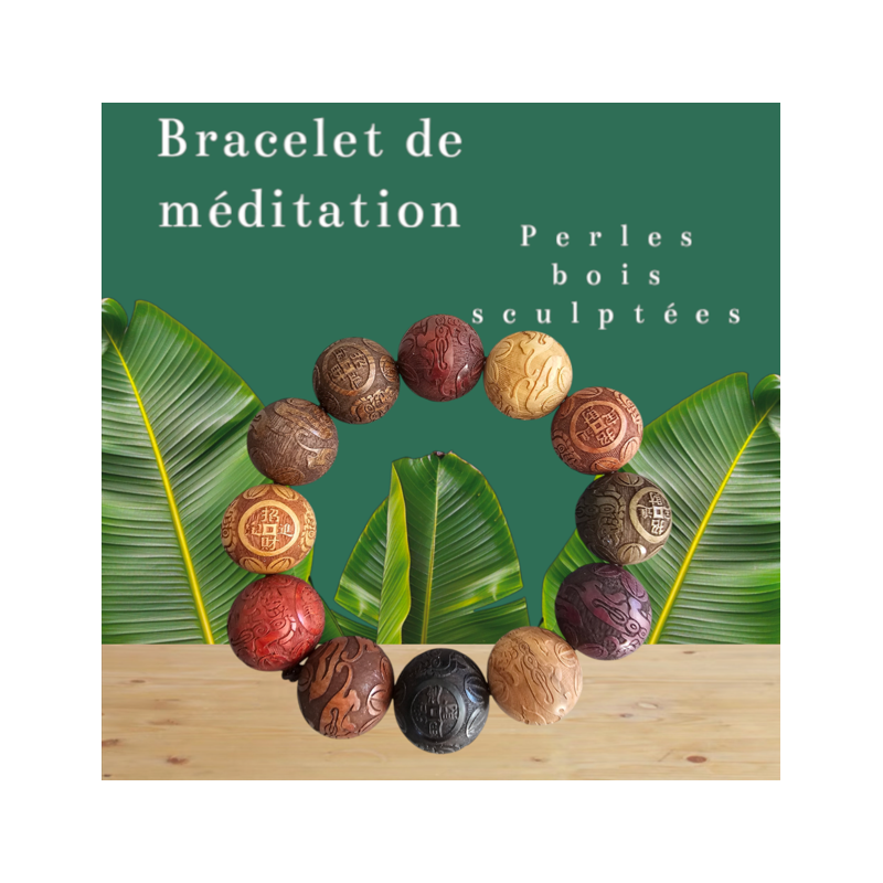 bracelet en perles de bois sculptées méditation zen