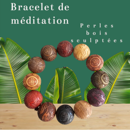 bracelet en perles de bois sculptées méditation zen